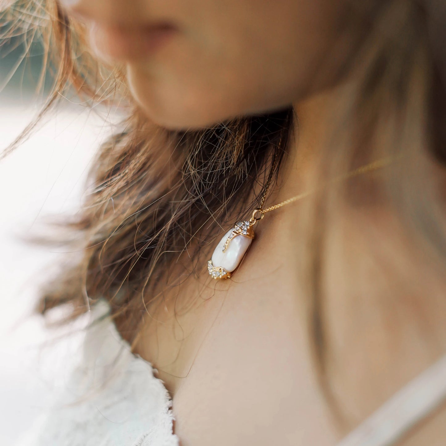Diamond Engraved Pearl Pendant B