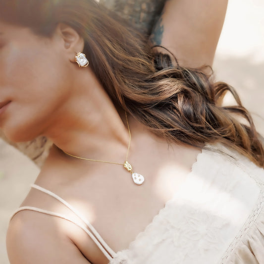 Diamond Leaf Gold Pearl Earrings B