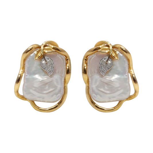 Diamond Leaf Gold Pearl Earrings A